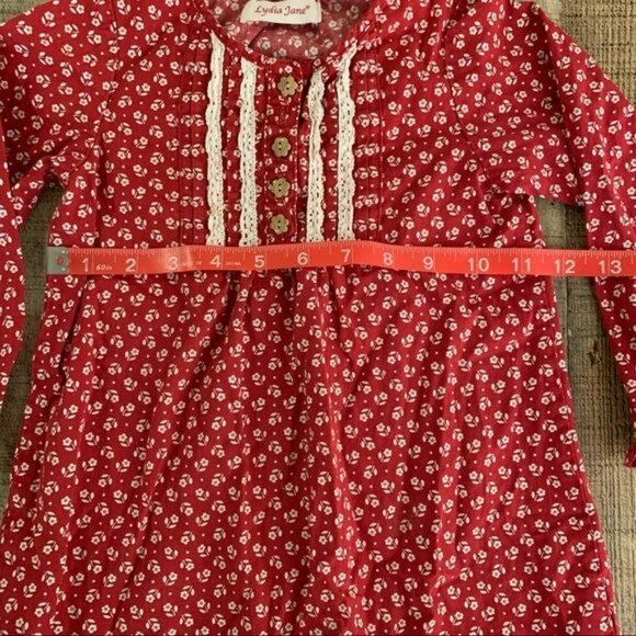 Lydia Jane Girls Red Floral Long-Sleeve Dress With Lace Detailing & Ruffle Hem - Picture 2 of 8